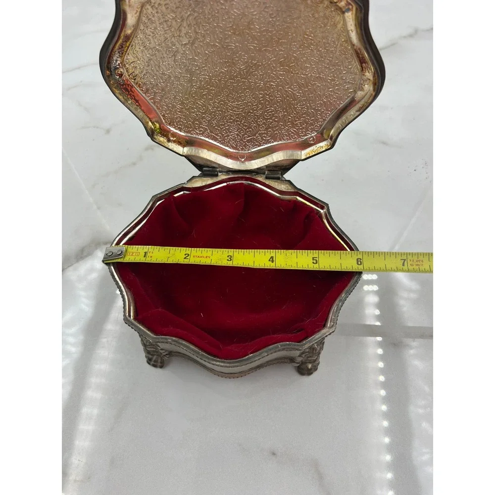 Vintage British Royal Coat of Arms Silver Footed Jewelry Box Red Velvet Lining